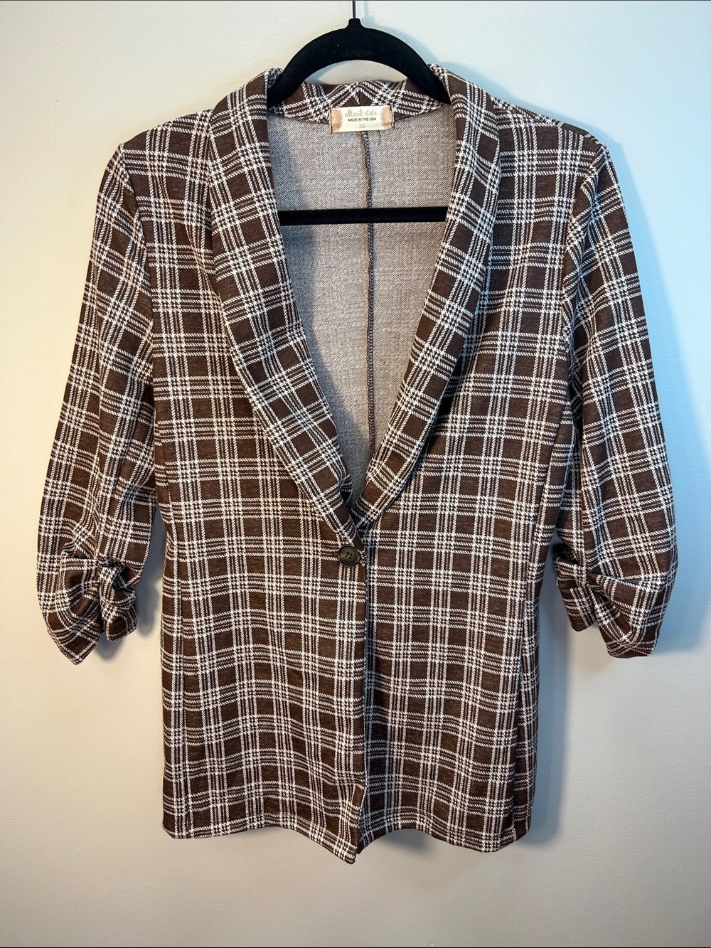 Altar'd State Brown and White Plaid Single-Button Shawl Collar Blazer